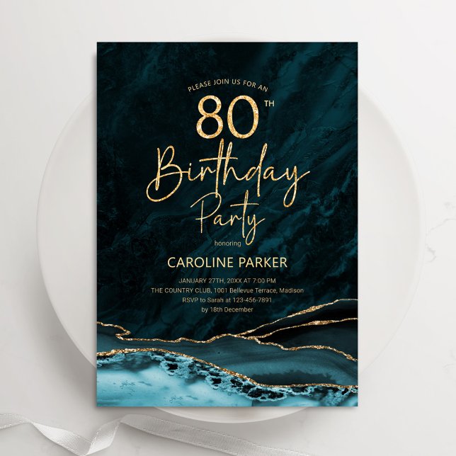 Convites Agate Teal Dourado 80 Birthday (Criador carregado)