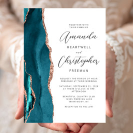 Convites Agate Teal Rose Gold Script Wedding