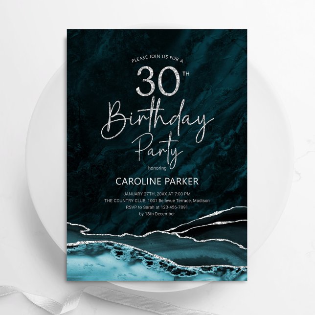 Convites Agate Teal Silver aniversário de 30 anos (Criador carregado)