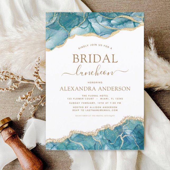 Convites Agate Turquoise Chá de panela Luncheon Teal Dourad (Criador carregado)