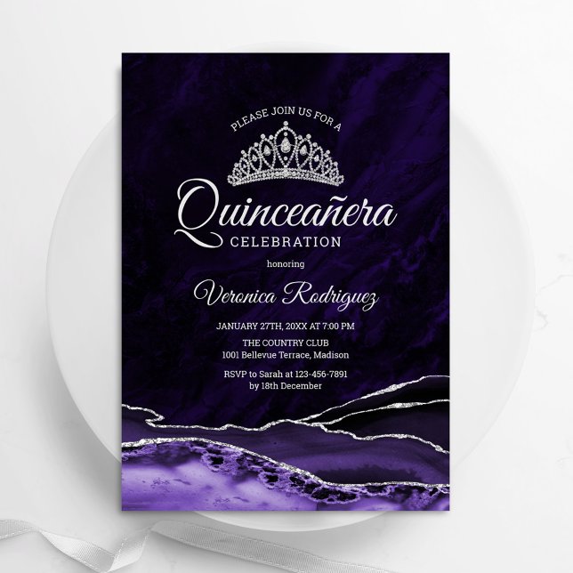 Convites Agato Prateado Roxo Marble Quinceanera (Criador carregado)