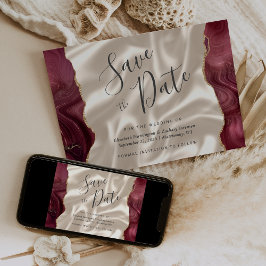 Convites Agato Vermelho Borgonha Ivory Silk Salvar Data