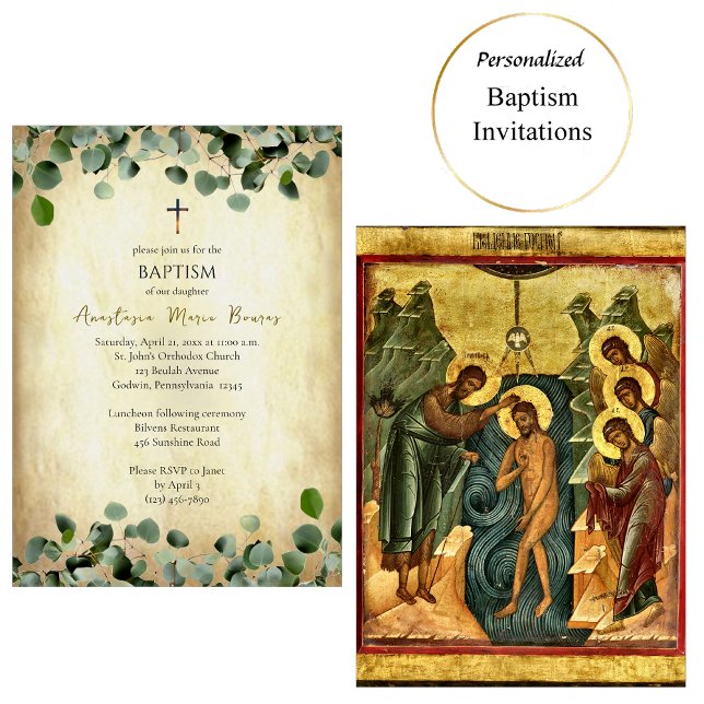 Convites Aged Parchment and Eucalyptus Orthodox Baptism    (Criador carregado)