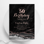 Convites Ágora Dourada Negra Marble 50º Aniversário<br><div class="desc">Rosa de ouro preto agate 50º convite de aniversário. Elegante design moderno com aquarela agate marble geode background, faux glitter rosa gold e typografia script font. Trendy convida o cartão perfeito para uma comemoração de dia das mulheres na moda. Impressos convites Zazzle ou modelo de impressão digital instantânea para download....</div>