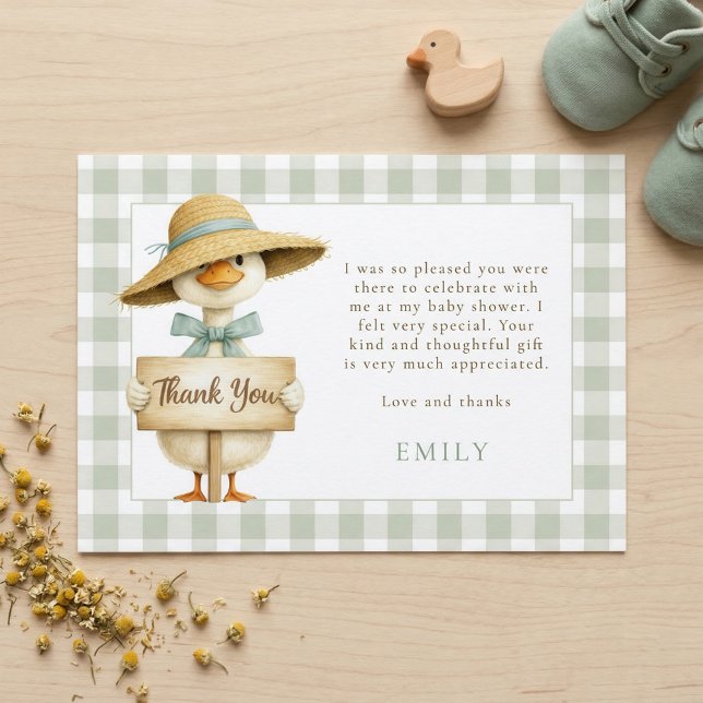 Convites Agradecimento Chá de Bebê Sage Gingham Silly Goose (Criador carregado)