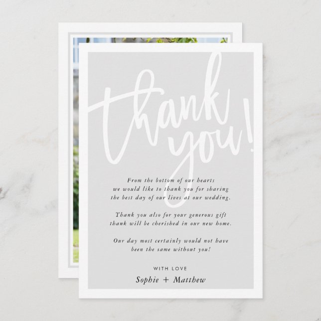 Convites AGRADECIMENTO VOCÊ escova cinza pálida de script (Frente/Verso)