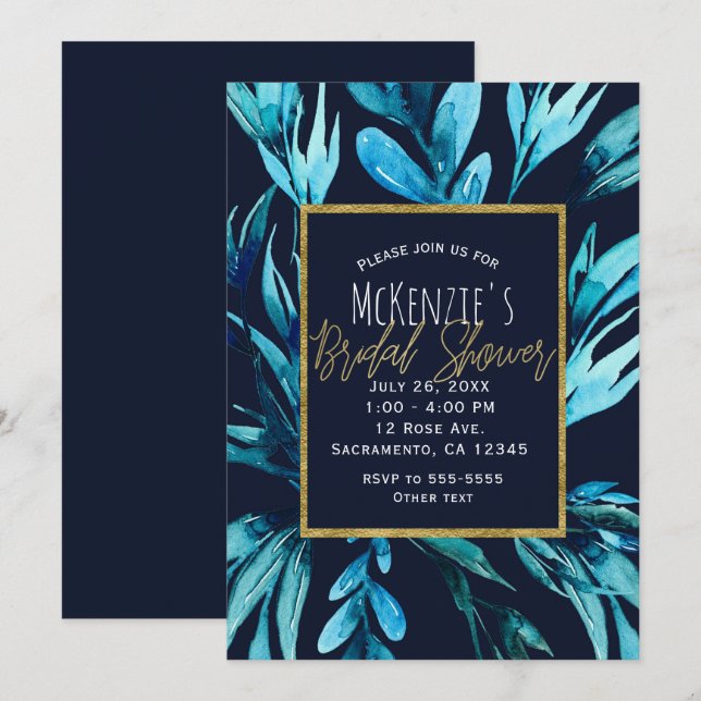 Convites Água Azul Aquarela Botânica Glam Chuveiro de Noiva (Frente/Verso)