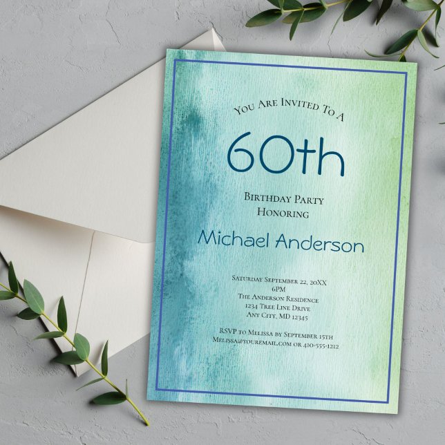 Convites Água azul esverdeada em aquarela para 60º aniversá (60th Editable Birthday Invitation for him. Blue Green Watercolor Background. Simple Minimalist )