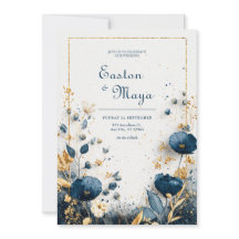 Água Azul Índigo Dourado Floral Elegante Casamento
