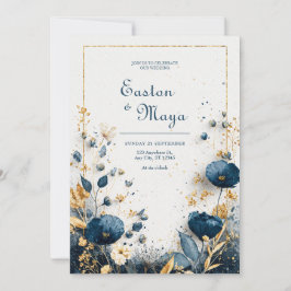 Convites Água Azul Índigo Dourado Floral Elegante Casamento