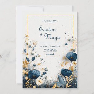 Convites Água Azul Índigo Dourado Floral Elegante Casamento