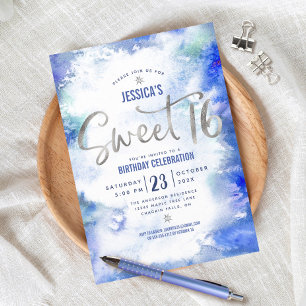 Convites Água Azul Prateada Aquarela Sweet 16 Aniversário M