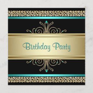 Convites Água Azul Teal Dourado Preto Festa de Aniversário 