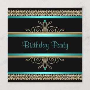 Convites Água Azul Teal Dourado Preto Festa de Aniversário 