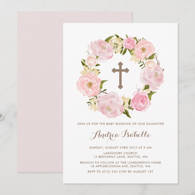 Convites Água Blush Pink Pink Wreath Baby Blush (Frente/Verso)