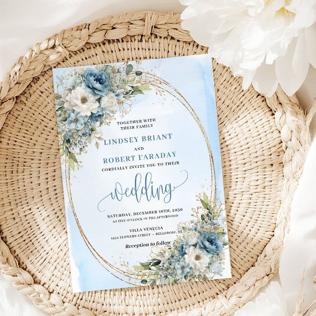 Convites Água Colorida Azul Flores Dourado Brilho Casamento (Watercolor Blue Flowers Gold Glitter Wedding Invite)
