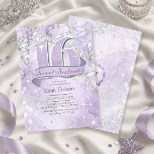 Convites Água Colorida Espelhada Sweet 16 Violeta Prata ID1