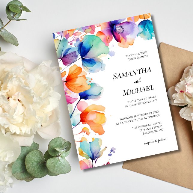 Convites Água Colorida Floral Moderna Elegante Casamento (Bright Bold Watercolor Floral Modern Elegant Wedding Invitation)