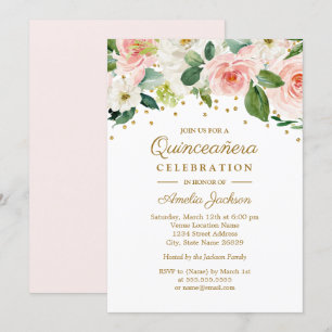 Convites Água Colorida Rosa Dourado Floral Quinceanera 15º