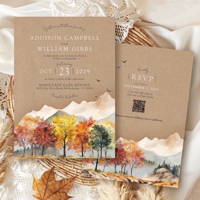 Convites Água-cor Árvore Outono Montanha Rústico Casamento  (Rustic kraft elegant Fall Trees watercolor forest mountain landscape QR code wedding invitation)