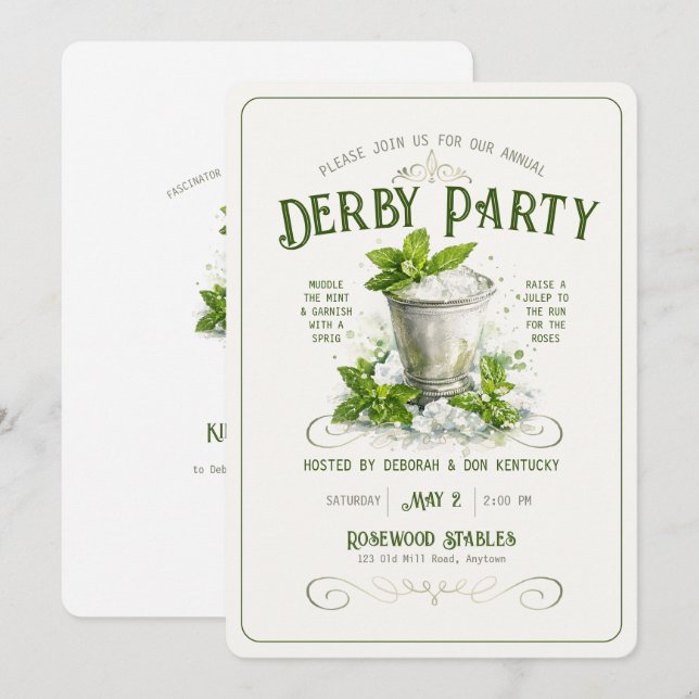 Convites Água de Festa Moderna de Derby Aquarela Mint Julep (Frente/Verso)