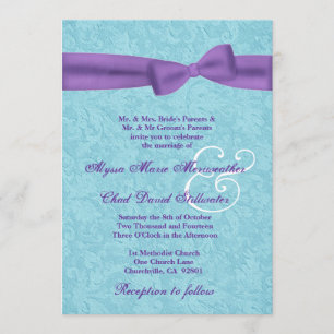 Convites Água e Damasco Roxo e Laço Casamento R541