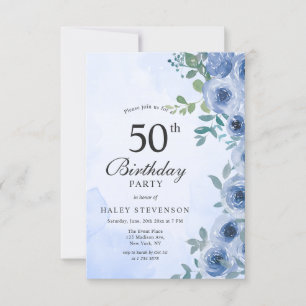 Convites Água-forte Azul Aniversário de 50 anos Floral Chic