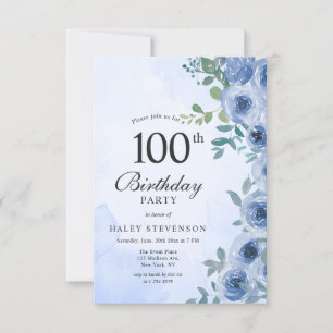 Convites Água-forte azul floral chic 100 anos