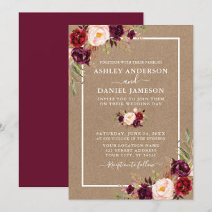 Convites Água-forte de Casamento Burgundy Floral Kraft