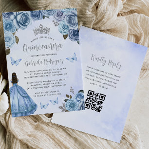 Convites Água-forte Floral Azul Prateado Código QR Quinceañ
