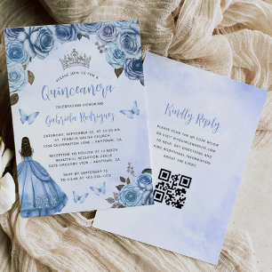 Convites Água-forte Floral Azul Prateado Código QR Quinceañ