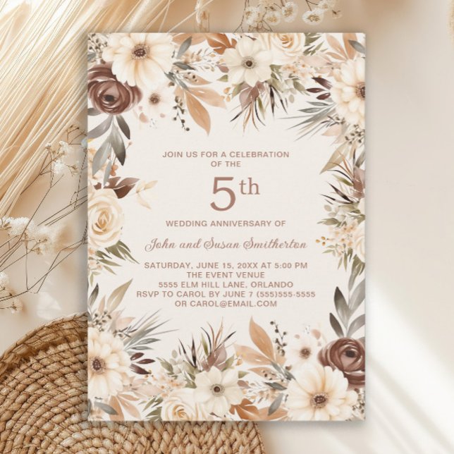 Convites Água-forte Floral Boho Marrom Creme Aniversário de (Rustic boho-style 5th wedding anniversary invitation)