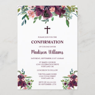 Convites Água-forte Floral Borgonha Meninas Confirmação