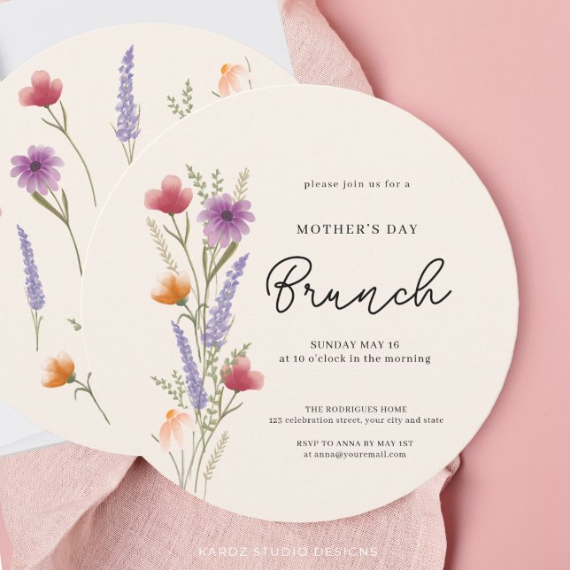 Convites Água-forte Floral Brunch Dia das Mães (Front and back of round invitation in 5.25 inches. )