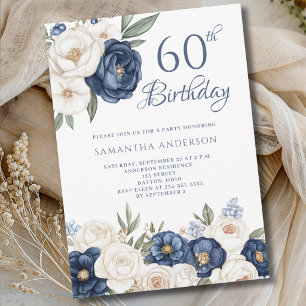 Convites Água-forte Floral Creme Azul para Aniversário de 6