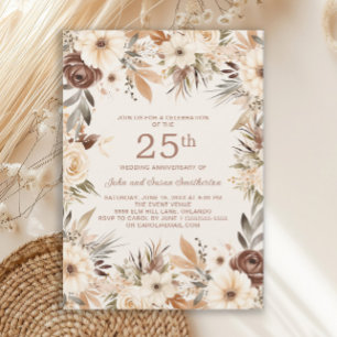 Convites Água-forte Floral Creme Marrom 25º Aniversário