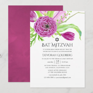 Convites Água-forte Floral de Ameixa Bat Mitzvah