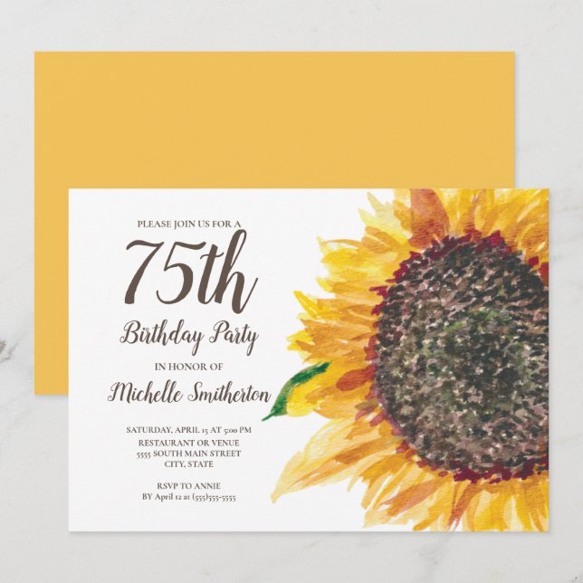 Convites Água-forte Floral de Girassol Branco Aniversário d (Frente/Verso)