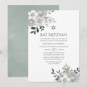Convites Água-forte Floral de Salvia Prata Bat Mitzvah