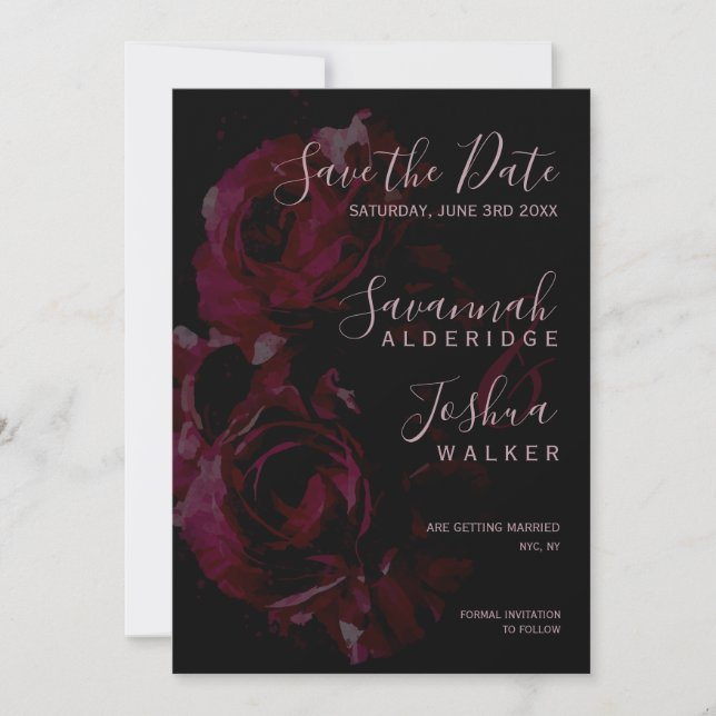 Convites Água-forte Floral Preta Casamento Salve a Data (Frente)