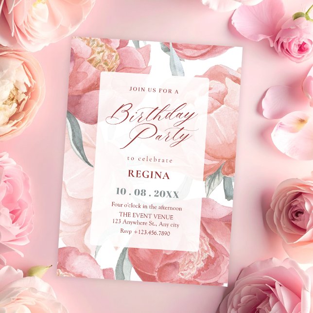 Convites Água-forte floral rosa de aniversário (Criador carregado)