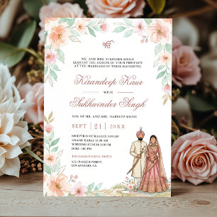 Convites Água-forte Floral Rosa de Pêssego Casamento Sikh