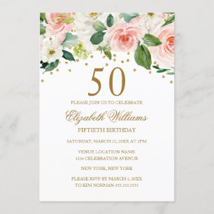 Convites Água-forte Floral Rosa Dourado Aniversário de 50 a
