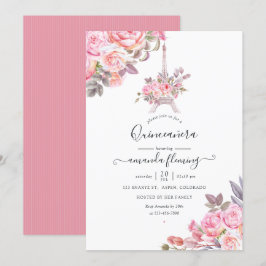 Convites Água-forte Floral Rosa Paris Quinceañera