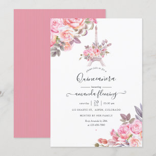Convites Água-forte Floral Rosa Paris Quinceañera