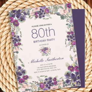 Convites Água-forte Floral Rosa Roxo 80º Aniversário