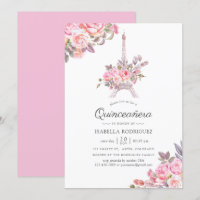 Água-forte floral rosa tema Paris Quinceañera