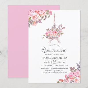 Convites Água-forte floral rosa tema Paris Quinceañera