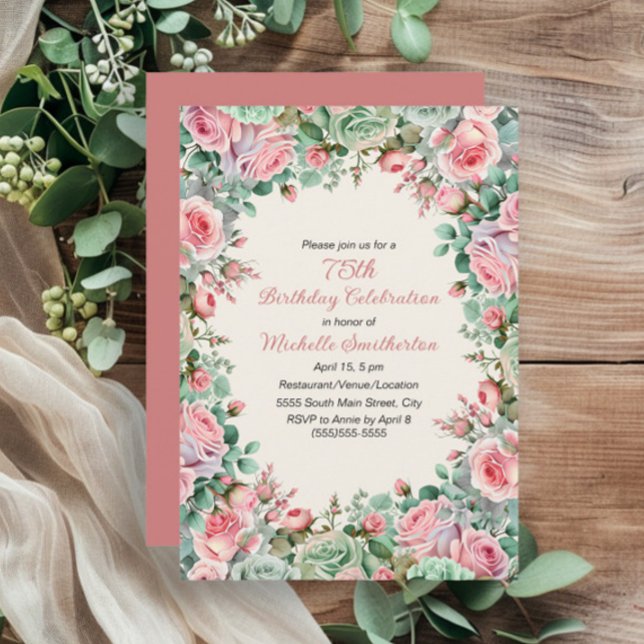 Convites Água-forte Floral Rosa Verde Menta Aniversário de  (Pink and mint green watercolor floral 75th birthday party invitation for women.)