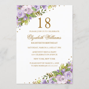 Convites Água-forte Floral Roxo Dourado 18º Aniversário
